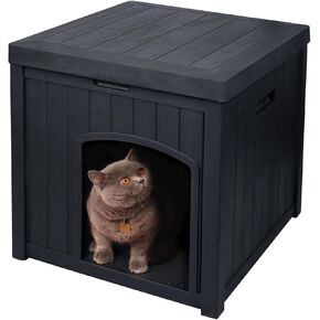 Outdoor Cat House for Winter Waterproof, Outside Multiple Feral Cat Houses Weatherproof, Cat Litter Box Enclosure, Small Medium Dogs House Outdoor, Durable Resin Plastic, Black