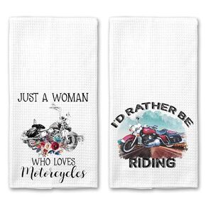 Just a Woman who Loves Motorcycles and I'd Rather be Riding Microfiber Kitchen Towel Gift for Rider Set of 2