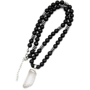 ElisaJewelryArt - Natural Blue Agate Crystal Pendant Black Lava Stone Beaded Necklace Genuine Gemstone Truth Stone Clasp Closure Necklace Unisex Necklace (22, Blue Agate)