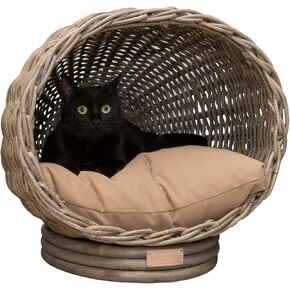 CBD1001A Socket Dome 19.5" x 17" Bohemian Handwoven Rattan Cat Bed with Machine-Washable Cushion, Kubu Gray
