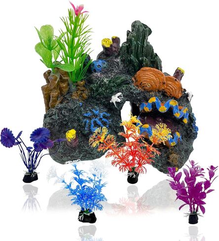 PINVNBY Aquarium Coral Reef Decor Resin Fish Tank Decorations Rock Mountain Cave Ornaments for Goldfish Betta Fish Sleep Rest Hide Play Breed with 4 PCS Aquatic Plants in Saudi Arabia