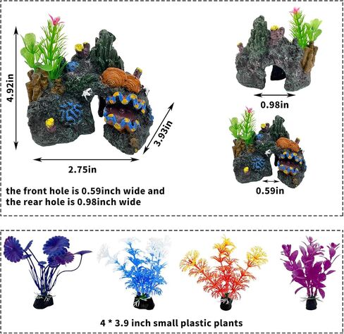 PINVNBY Aquarium Coral Reef Decor Resin Fish Tank Decorations Rock Mountain Cave Ornaments for Goldfish Betta Fish Sleep Rest Hide Play Breed with 4 PCS Aquatic Plants in Saudi Arabia