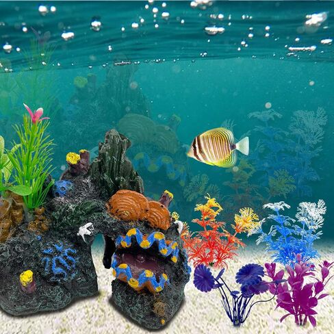 PINVNBY Aquarium Coral Reef Decor Resin Fish Tank Decorations Rock Mountain Cave Ornaments for Goldfish Betta Fish Sleep Rest Hide Play Breed with 4 PCS Aquatic Plants in Saudi Arabia