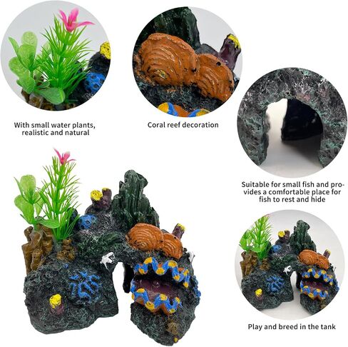 PINVNBY Aquarium Coral Reef Decor Resin Fish Tank Decorations Rock Mountain Cave Ornaments for Goldfish Betta Fish Sleep Rest Hide Play Breed with 4 PCS Aquatic Plants in Saudi Arabia