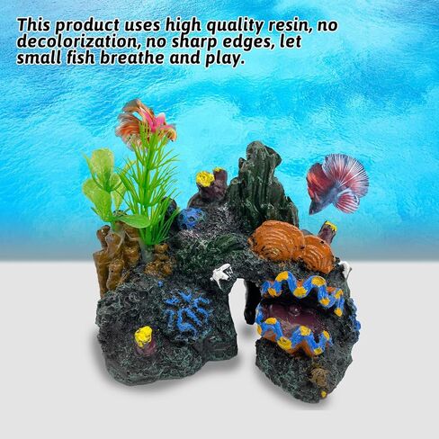 PINVNBY Aquarium Coral Reef Decor Resin Fish Tank Decorations Rock Mountain Cave Ornaments for Goldfish Betta Fish Sleep Rest Hide Play Breed with 4 PCS Aquatic Plants in Saudi Arabia