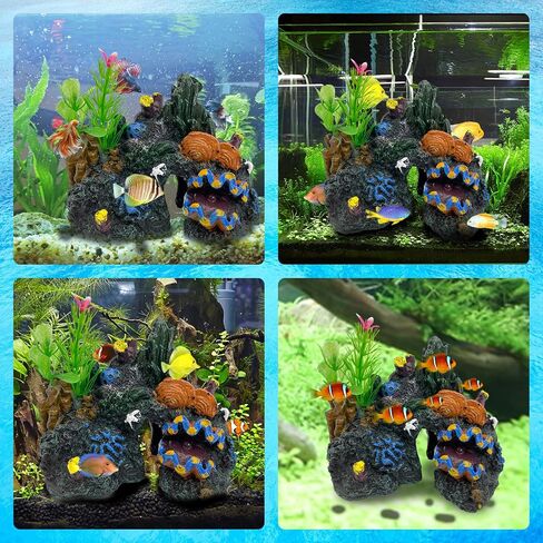 PINVNBY Aquarium Coral Reef Decor Resin Fish Tank Decorations Rock Mountain Cave Ornaments for Goldfish Betta Fish Sleep Rest Hide Play Breed with 4 PCS Aquatic Plants in Saudi Arabia
