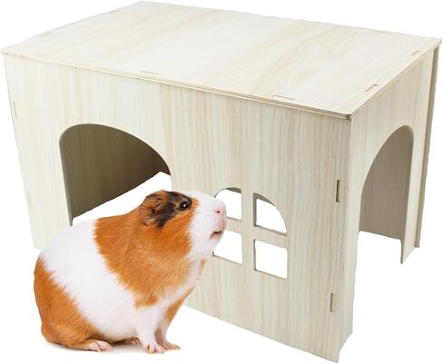 Guinea Pig Hideout 15x9x9 inch Large Size Wooden House with Windows Natural Wood Hut Habitats Decor for Bunny, Chinchillas, Dwarf Rabbits, Hamsters, and Other Small Pet Animals in Saudi Arabia