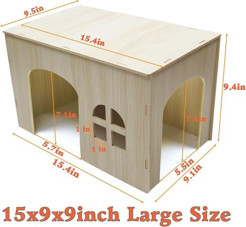 Guinea Pig Hideout 15x9x9 inch Large Size Wooden House with Windows Natural Wood Hut Habitats Decor for Bunny, Chinchillas, Dwarf Rabbits, Hamsters, and Other Small Pet Animals in Saudi Arabia