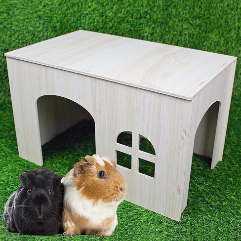 Guinea Pig Hideout 15x9x9 inch Large Size Wooden House with Windows Natural Wood Hut Habitats Decor for Bunny, Chinchillas, Dwarf Rabbits, Hamsters, and Other Small Pet Animals in Saudi Arabia