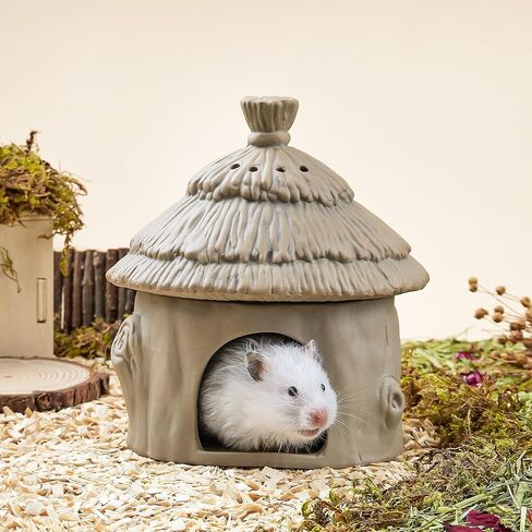 BUCATSTATE Hamster Hideout Ceramic, Tree Stump Shape Hamster Houses and Hideouts for Syrian Hamster Gerbils Mice Small Pets Cage Decor, Nature Themed Hamster Cage Accessories, Stone in Saudi Arabia