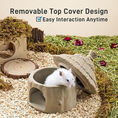 BUCATSTATE Hamster Hideout Ceramic, Tree Stump Shape Hamster Houses and Hideouts for Syrian Hamster Gerbils Mice Small Pets Cage Decor, Nature Themed Hamster Cage Accessories, Stone in Saudi Arabia