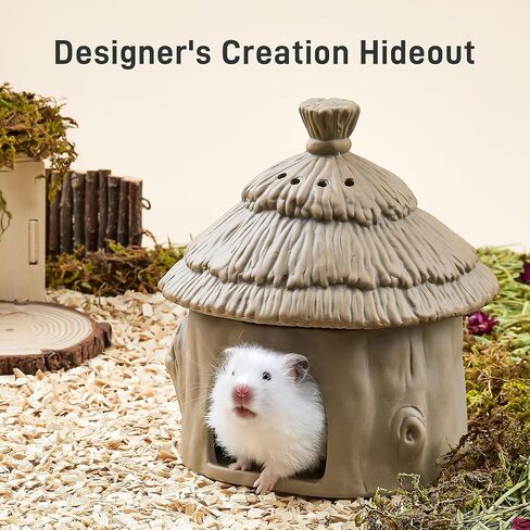 BUCATSTATE Hamster Hideout Ceramic, Tree Stump Shape Hamster Houses and Hideouts for Syrian Hamster Gerbils Mice Small Pets Cage Decor, Nature Themed Hamster Cage Accessories, Stone in Saudi Arabia