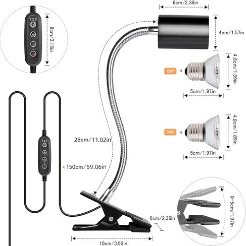 yuehuam مصباح الحرارة الزواحف، مصباح حرارة مزدوج الرأس مع مقاطع، مصباح الحرارة السلحفاة ضوء خزان السلحفاة، ضوء الزواحف UVA UVB مع مؤقت دورة للسلحفاة، التنين الملتحي، السحلية وأكثر من ذلك، 2 لمبات 50 + 50 واط in Kuwait