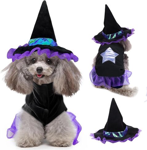 Halloween Dog Costumes Witch Outfits: Dogs Cat Witch Dress Costumes with Magic Hat - Pet Halloween Cosplay Hoodie Funny Outfits Clothes for small medium Puppy Dogs (Medium) in Saudi Arabia