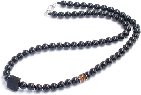 Obsidian Crystal Mens Bead Necklace, Natural Black Tourmaline Crystal Tiger Eye Beaded Gemstone Necklace, Handmade Stone Pendant Amulet Protection Jewelry Birthday Christmas for Men Onesmek in Kuwait
