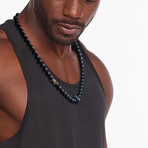 Obsidian Crystal Mens Bead Necklace, Natural Black Tourmaline Crystal Tiger Eye Beaded Gemstone Necklace, Handmade Stone Pendant Amulet Protection Jewelry Birthday Christmas for Men Onesmek in Kuwait