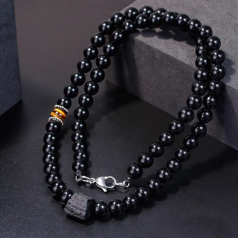 Obsidian Crystal Mens Bead Necklace, Natural Black Tourmaline Crystal Tiger Eye Beaded Gemstone Necklace, Handmade Stone Pendant Amulet Protection Jewelry Birthday Christmas for Men Onesmek in Kuwait