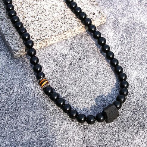 Obsidian Crystal Mens Bead Necklace, Natural Black Tourmaline Crystal Tiger Eye Beaded Gemstone Necklace, Handmade Stone Pendant Amulet Protection Jewelry Birthday Christmas for Men Onesmek in Kuwait