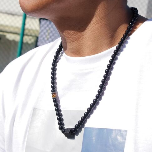 Obsidian Crystal Mens Bead Necklace, Natural Black Tourmaline Crystal Tiger Eye Beaded Gemstone Necklace, Handmade Stone Pendant Amulet Protection Jewelry Birthday Christmas for Men Onesmek in Kuwait