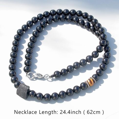 Obsidian Crystal Mens Bead Necklace, Natural Black Tourmaline Crystal Tiger Eye Beaded Gemstone Necklace, Handmade Stone Pendant Amulet Protection Jewelry Birthday Christmas for Men Onesmek in Kuwait