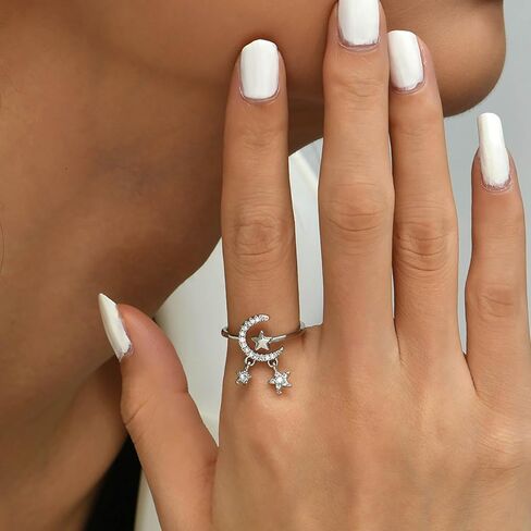 بوهو القمر ستار الدائري كريستال القمر المفصل الدائري تشيكوسلوفاكيا ستار التراص البنصر حجر الراين الهلال المفتوحة الدائري خمر خاتم قابل للتعديل للنساء والفتيات الهدايا (الفضة) in Kuwait