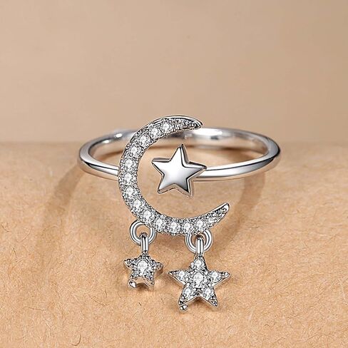 بوهو القمر ستار الدائري كريستال القمر المفصل الدائري تشيكوسلوفاكيا ستار التراص البنصر حجر الراين الهلال المفتوحة الدائري خمر خاتم قابل للتعديل للنساء والفتيات الهدايا (الفضة) in Kuwait