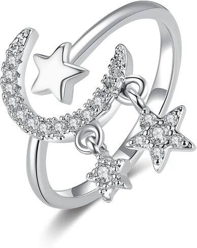 بوهو القمر ستار الدائري كريستال القمر المفصل الدائري تشيكوسلوفاكيا ستار التراص البنصر حجر الراين الهلال المفتوحة الدائري خمر خاتم قابل للتعديل للنساء والفتيات الهدايا (الفضة) in Kuwait