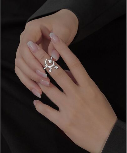 بوهو القمر ستار الدائري كريستال القمر المفصل الدائري تشيكوسلوفاكيا ستار التراص البنصر حجر الراين الهلال المفتوحة الدائري خمر خاتم قابل للتعديل للنساء والفتيات الهدايا (الفضة) in Kuwait