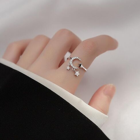 بوهو القمر ستار الدائري كريستال القمر المفصل الدائري تشيكوسلوفاكيا ستار التراص البنصر حجر الراين الهلال المفتوحة الدائري خمر خاتم قابل للتعديل للنساء والفتيات الهدايا (الفضة) in Kuwait