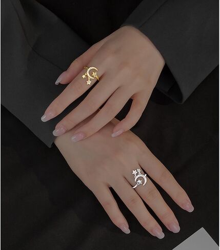 بوهو القمر ستار الدائري كريستال القمر المفصل الدائري تشيكوسلوفاكيا ستار التراص البنصر حجر الراين الهلال المفتوحة الدائري خمر خاتم قابل للتعديل للنساء والفتيات الهدايا (الفضة) in Kuwait