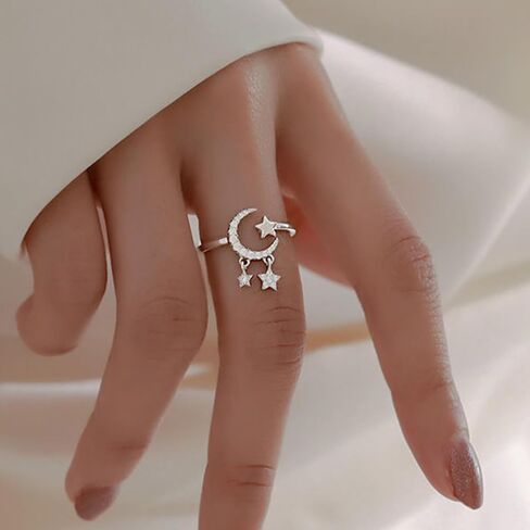 بوهو القمر ستار الدائري كريستال القمر المفصل الدائري تشيكوسلوفاكيا ستار التراص البنصر حجر الراين الهلال المفتوحة الدائري خمر خاتم قابل للتعديل للنساء والفتيات الهدايا (الفضة) in Kuwait