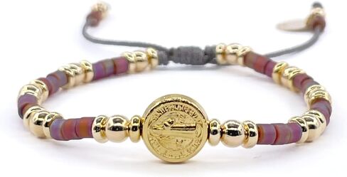 St Benedict Coin Bead Round with Miyuki seed beads and Gold Plated spacers Adjustable Bracelet for Women (Red) in Saudi Arabia