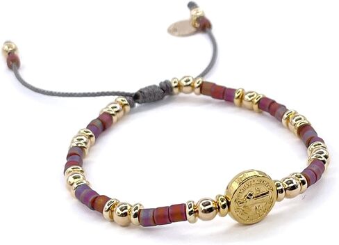 St Benedict Coin Bead Round with Miyuki seed beads and Gold Plated spacers Adjustable Bracelet for Women (Red) in Saudi Arabia