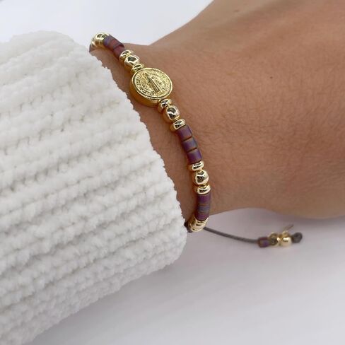 St Benedict Coin Bead Round with Miyuki seed beads and Gold Plated spacers Adjustable Bracelet for Women (Red) in Saudi Arabia