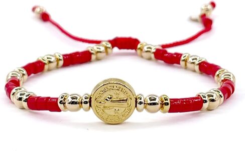 St Benedict Coin Bead Round with Miyuki seed beads and Gold Plated spacers Adjustable Bracelet for Women (Red) in Saudi Arabia