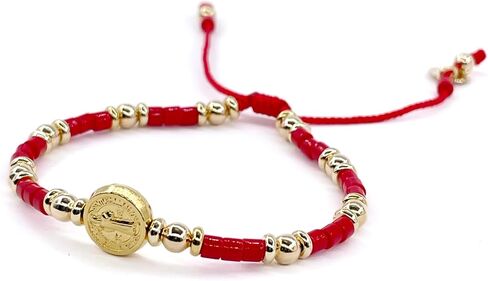 St Benedict Coin Bead Round with Miyuki seed beads and Gold Plated spacers Adjustable Bracelet for Women (Red) in Saudi Arabia