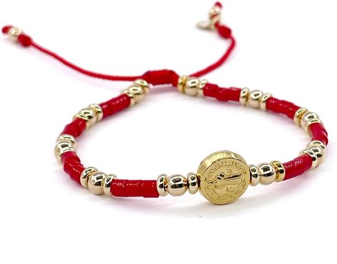 St Benedict Coin Bead Round with Miyuki seed beads and Gold Plated spacers Adjustable Bracelet for Women (Red) in Saudi Arabia