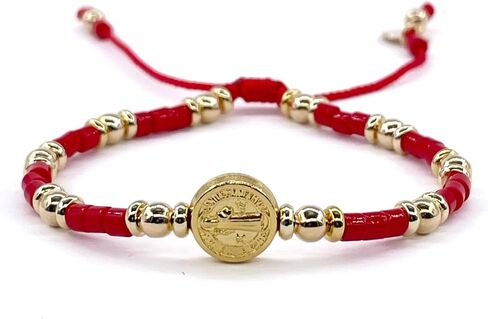 St Benedict Coin Bead Round with Miyuki seed beads and Gold Plated spacers Adjustable Bracelet for Women (Red) in Saudi Arabia