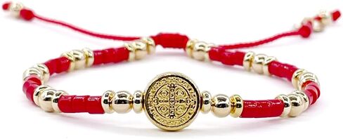 St Benedict Coin Bead Round with Miyuki seed beads and Gold Plated spacers Adjustable Bracelet for Women (Red) in Saudi Arabia
