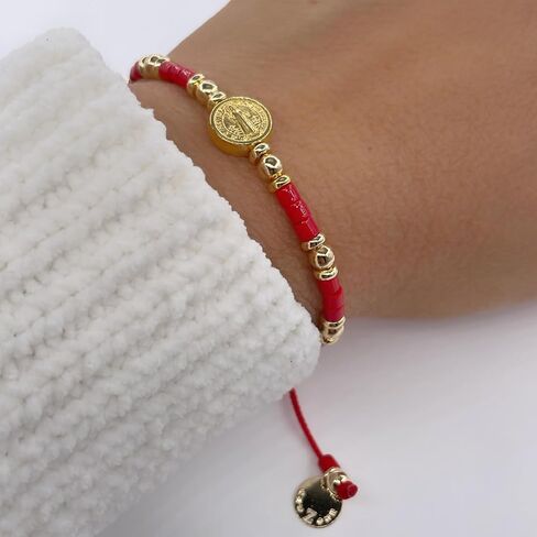 St Benedict Coin Bead Round with Miyuki seed beads and Gold Plated spacers Adjustable Bracelet for Women (Red) in Saudi Arabia