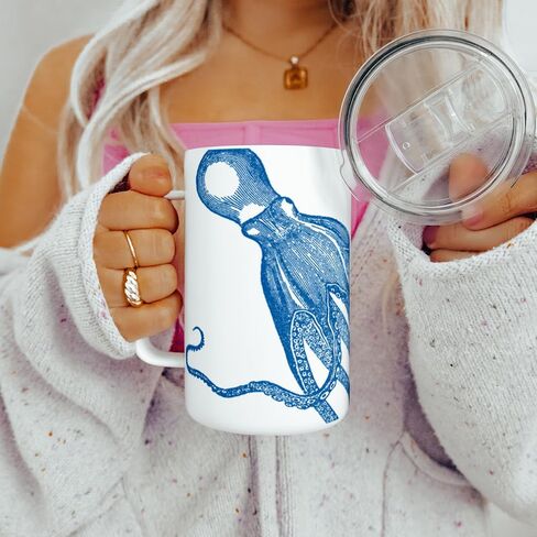 Octopus Cephalopod Travel Tumbler Coffee Mug with Lid, Nautical Sea Life Kraken Cup, Gift for Him, Friend, Coworker (18oz) in Saudi Arabia