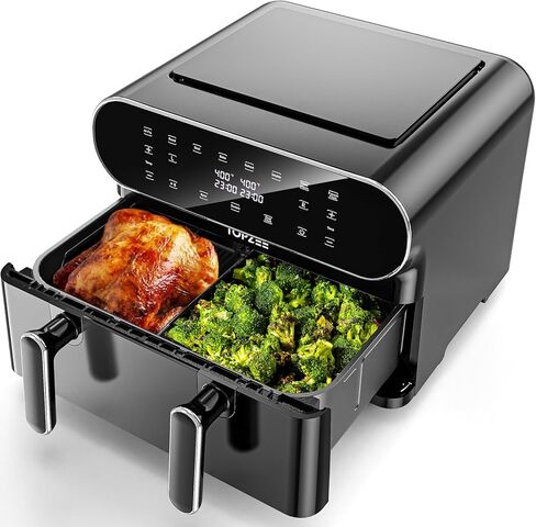 مقلاة هوائية كبيرة الحجم 11-QT، مقلاة هوائية 8 في 1 مع مقسم سلة، مثالية للقلي بالهواء، والتحميص، والشواء، والخبز، وإعادة التسخين، والتجفيف، والحفاظ على الدفء وصنع البطاطس المقلية، آمنة للاستخدام في غسالة الأطباق، باللون الأسود in Kuwait