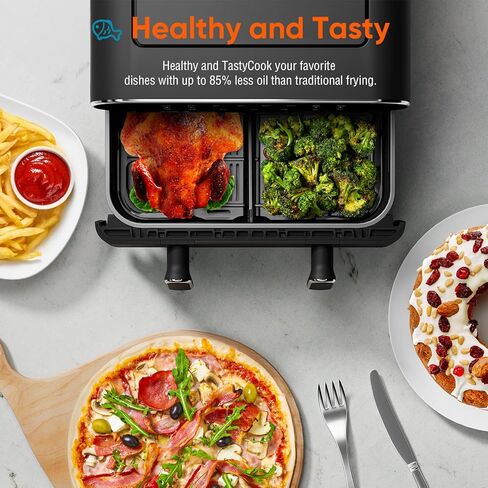 مقلاة هوائية كبيرة الحجم 11-QT، مقلاة هوائية 8 في 1 مع مقسم سلة، مثالية للقلي بالهواء، والتحميص، والشواء، والخبز، وإعادة التسخين، والتجفيف، والحفاظ على الدفء وصنع البطاطس المقلية، آمنة للاستخدام في غسالة الأطباق، باللون الأسود in Kuwait