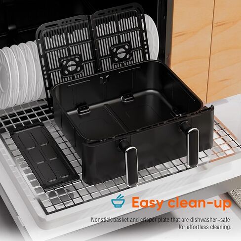 مقلاة هوائية كبيرة الحجم 11-QT، مقلاة هوائية 8 في 1 مع مقسم سلة، مثالية للقلي بالهواء، والتحميص، والشواء، والخبز، وإعادة التسخين، والتجفيف، والحفاظ على الدفء وصنع البطاطس المقلية، آمنة للاستخدام في غسالة الأطباق، باللون الأسود in Kuwait