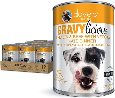 طعام Dave's Pet Food Gravylicous الناعم الرطب للكلاب الصغيرة والكبيرة (لحم الضأن مع الخضار)، طعام الكلاب المعلب الخالي من الحبوب، الفيتامينات والمعادن المضافة، القمح والخالي من الغلوتين، علب 12 أونصة (علبة بها 12) in Kuwait
