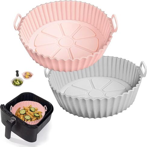 2 Pack Air Fryer Silicone Liners - Premium Air Fryer Silicone Pot - Non-Stick, Heat-Resistant, Reusable Basket Inserts - Fits 3-5 QT Models - Includes Recipe Book- Replacement of Flammable (Pink+Grey) in Saudi Arabia