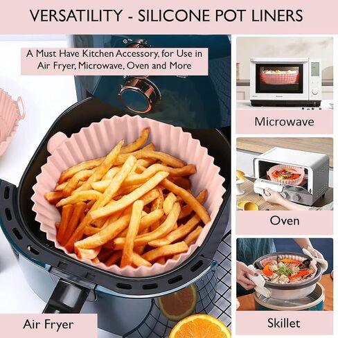 2 Pack Air Fryer Silicone Liners - Premium Air Fryer Silicone Pot - Non-Stick, Heat-Resistant, Reusable Basket Inserts - Fits 3-5 QT Models - Includes Recipe Book- Replacement of Flammable (Pink+Grey) in Saudi Arabia