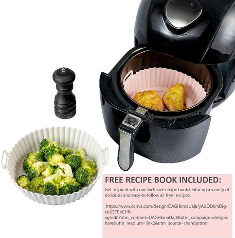 2 Pack Air Fryer Silicone Liners - Premium Air Fryer Silicone Pot - Non-Stick, Heat-Resistant, Reusable Basket Inserts - Fits 3-5 QT Models - Includes Recipe Book- Replacement of Flammable (Pink+Grey) in Saudi Arabia
