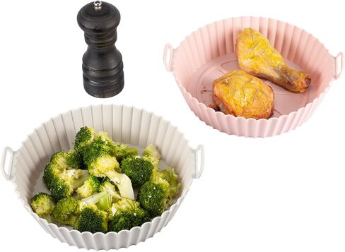 2 Pack Air Fryer Silicone Liners - Premium Air Fryer Silicone Pot - Non-Stick, Heat-Resistant, Reusable Basket Inserts - Fits 3-5 QT Models - Includes Recipe Book- Replacement of Flammable (Pink+Grey) in Saudi Arabia