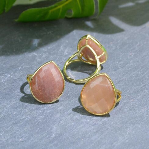 Natural Sunstone Ring, Orange Crystal Teardrop Ring for Women, Handmade Adjustable Non Tarnish Gold Rings for Sunstone Jewelry, Aura Rings for Women in Saudi Arabia